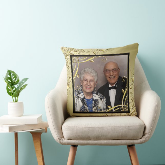Coussin Flourish Gold Black 50th Mariage Anniversaire Phot (Chaise)
