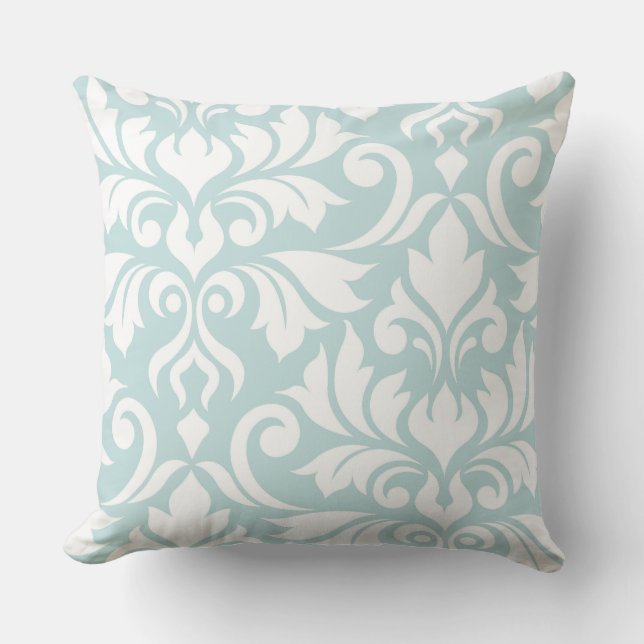 Coussin Flourissant Damas Art I Blanc sur Canard Oeuf Bleu (Recto)