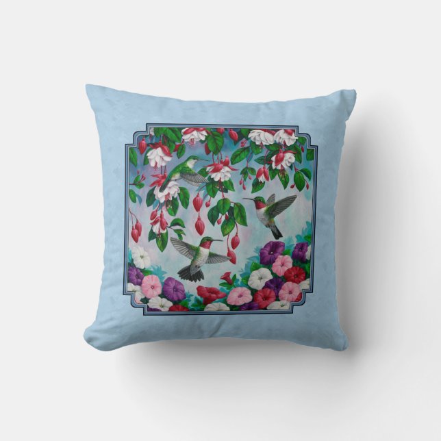 Coussin Flower Garden and Hummingbirds Blue (Recto)