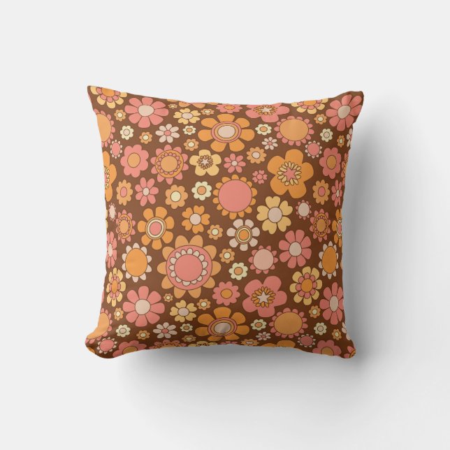 Coussin Flower Power 70's Floral Pattern Brown orange rose (Recto)