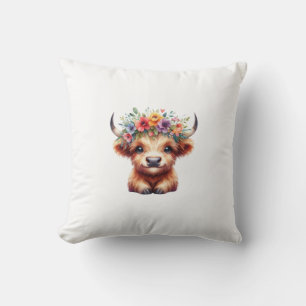 Coussin Fluffy Baby Highland Cow with Floral Crown – Cute 