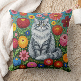 Coussin Fluffy Gray Striped Cat with Folk Art Flowers