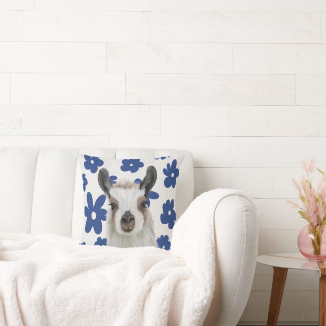 Coussin Fluffy Llama Blue Retro Flowers (Canapé)