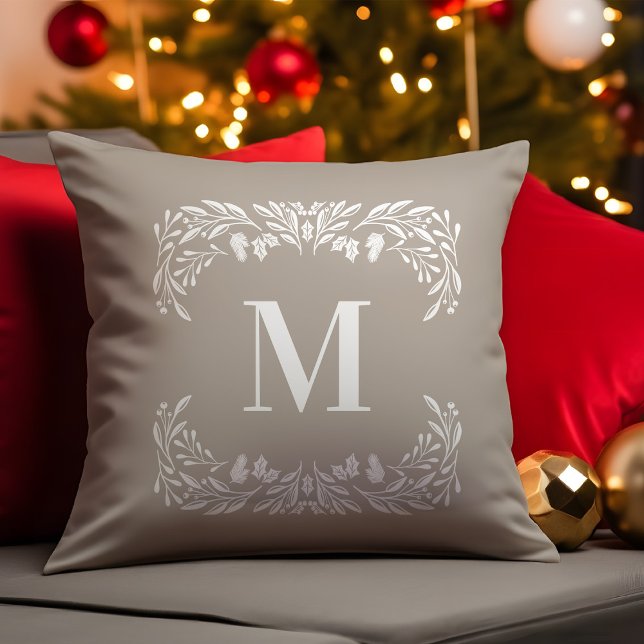 Coussin Foliage d'hiver à la main Monogramme Noël (Créateur téléchargé)