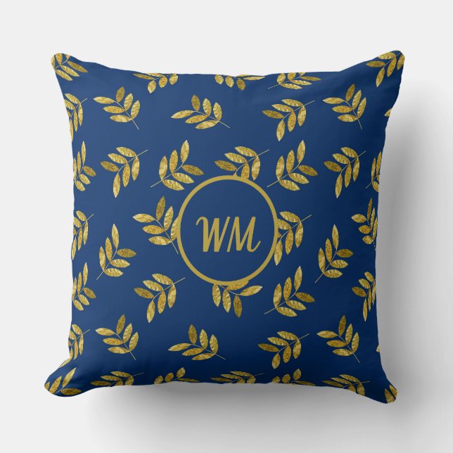 Coussin Foliage Or Élégant Personnalisé bleu (Recto)
