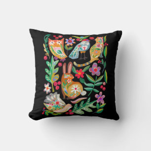 Coussin Folk Art Floral Animal Friends Black Thaillow Pill