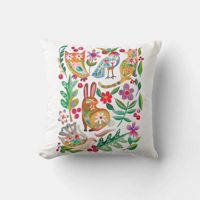 Coussin Folk Art Floral Animal Friends personnalisable (Recto)