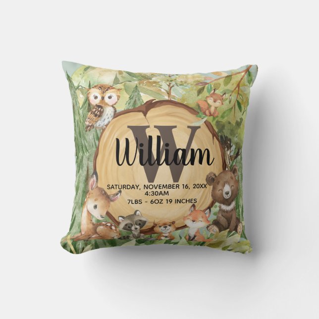 Coussin Forest Woodland Animal Monogramme Birth Stats Cous (Recto)