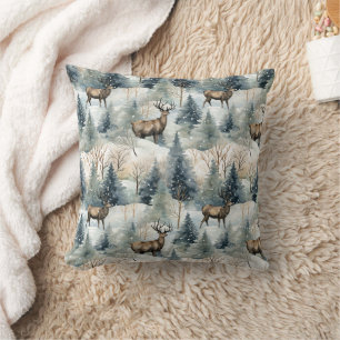 Coussin Forêt de cerfs à l'aquarelle hivernale (1)
