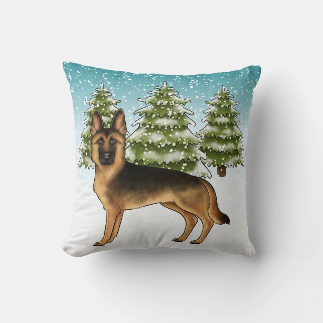 Coussin Forêt D'Hiver De Chien Noir Et Tan Allemand (Recto)