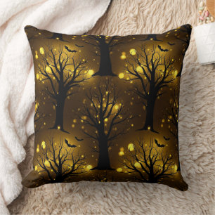 Coussin Forêt Hantée Lumineuse Bokeh - Arbres de Nuit