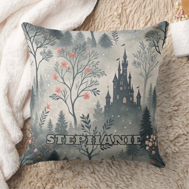 Coussin Forêt humide enchantée avec Château foncé - Ethéal (Couverture)