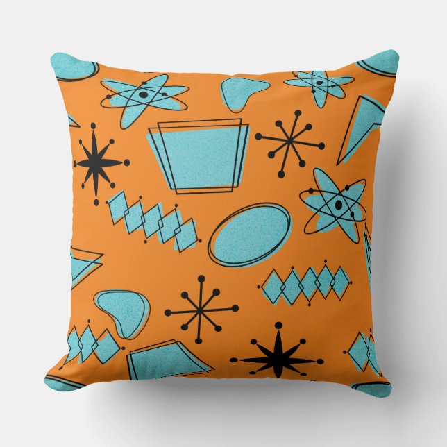 Coussin Formes atomiques MCM Turquoise sur orange (Recto)