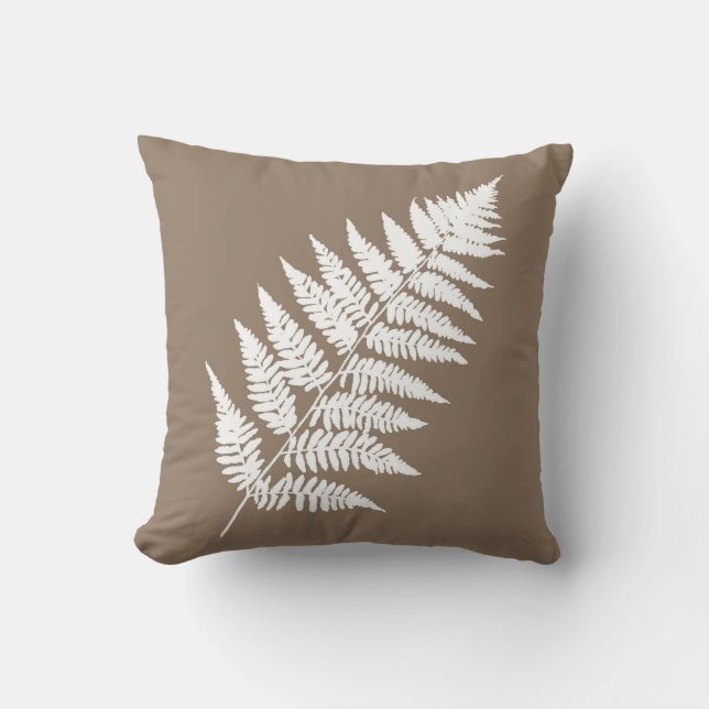 Coussin Fougère 1 de région boisée, Taupe Tan et blanc (Recto)