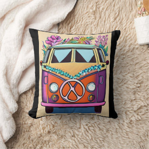 Coussin Fourgonnette Hippie Rétro Violet Art Couleurs Vint
