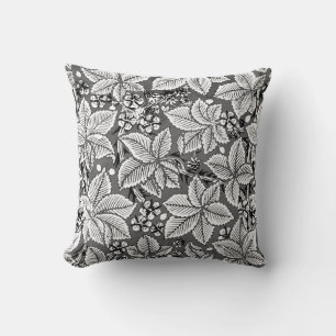 Coussin Fraises et Feuilles Art Nouveau, Gris & Blanc