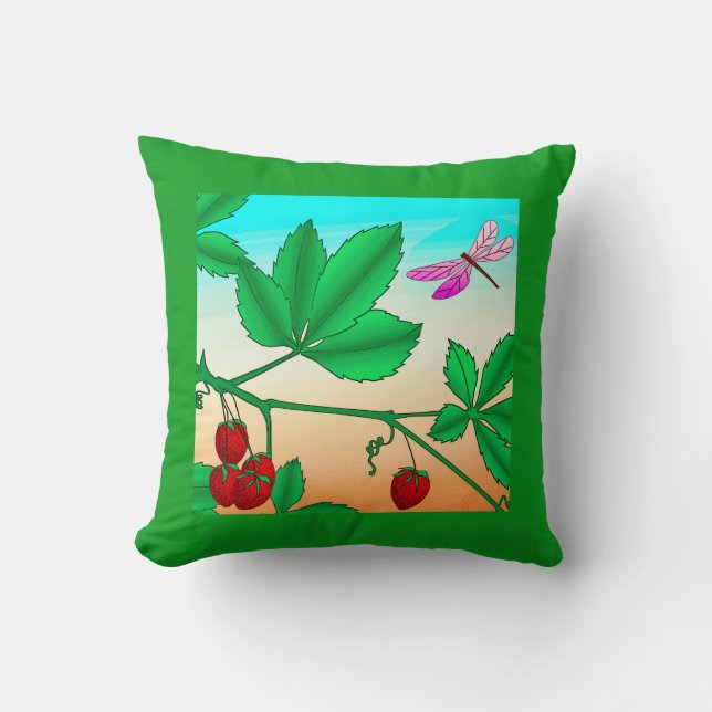 Coussin Fraises sur une branche et libellule (Recto)