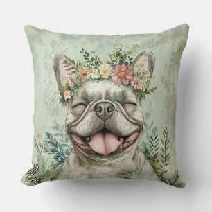 Coussin Français Bulldog Amoureux des chiens vert Floral