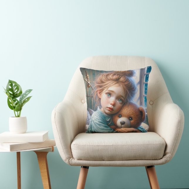 Coussin Frappe griffée serrant un ours en peluche (Chaise)