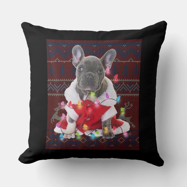 Coussin French bulldog Christmas Lights Ugly Sweater Dog (Recto)
