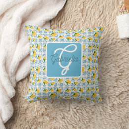 Coussin French Country Lemon Blue Tile Pattern