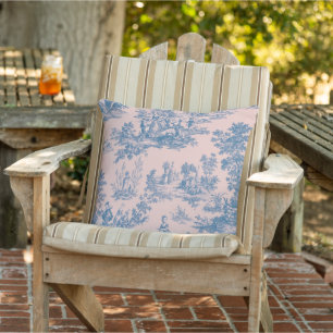 Coussin French toile de jouy patio rose et bleu élégant