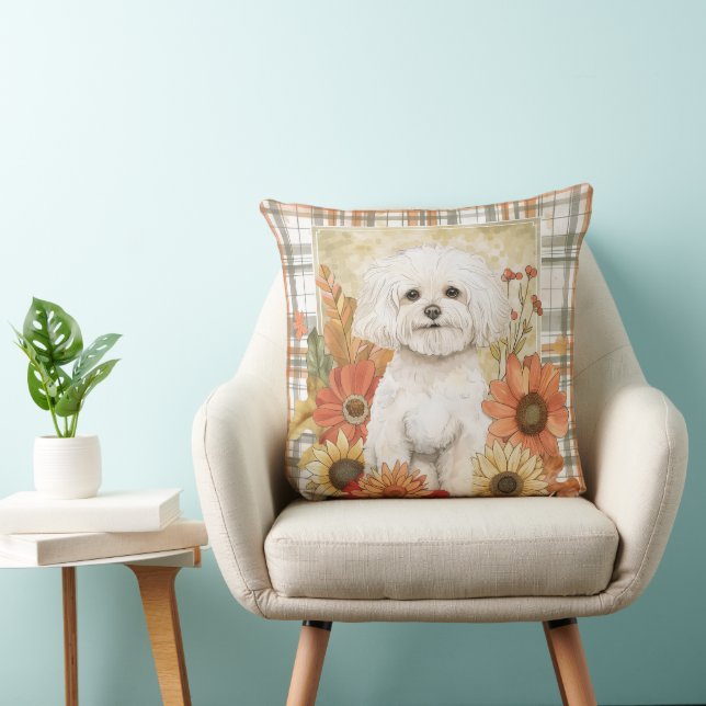 Coussin Frise de Bichon Frise Chien Automne Aquarelle Fleu (Chaise)