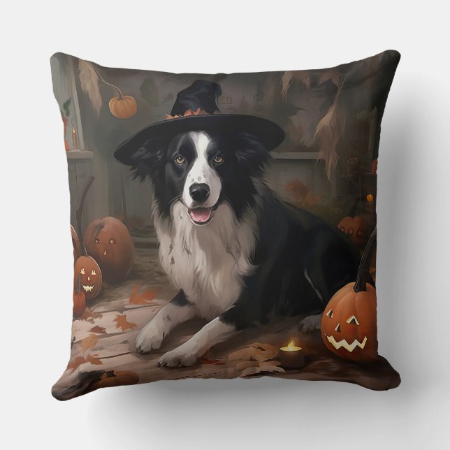 Coussin Frontière Collie Citrouilles Halloween effroi (Verso)