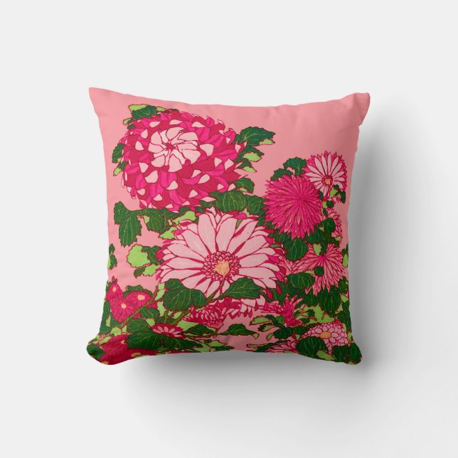 Coussin Frontière des fleurs japonaises, Fuchsia et Coral  (Recto)
