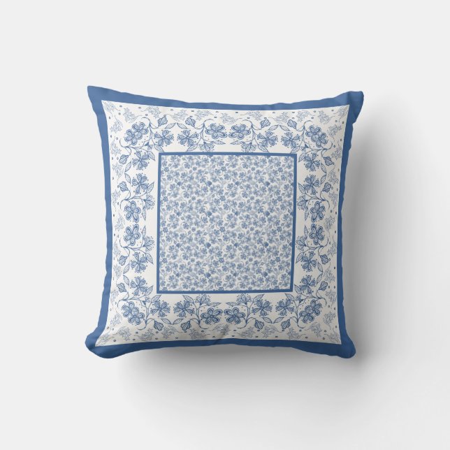 Coussin Frontière florale de bleu d'indigo et blanche (Recto)