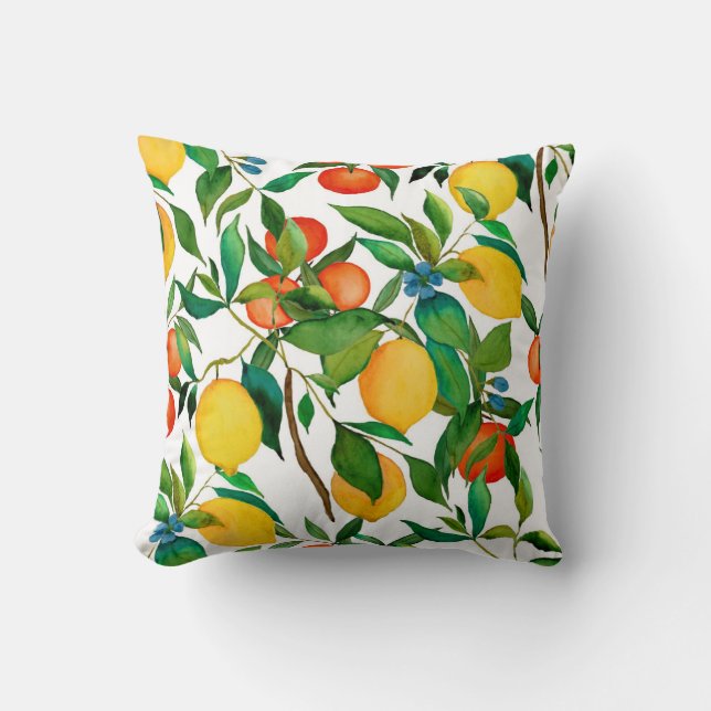 Coussin Fruits d'agrumes, motif d'aquarelle vibrante. (Recto)
