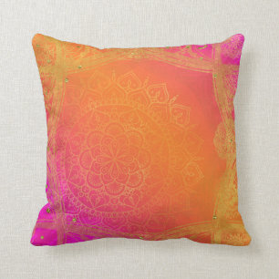 Coussin Fuchsia Rose Orange et Or Mandala Indien Glamour