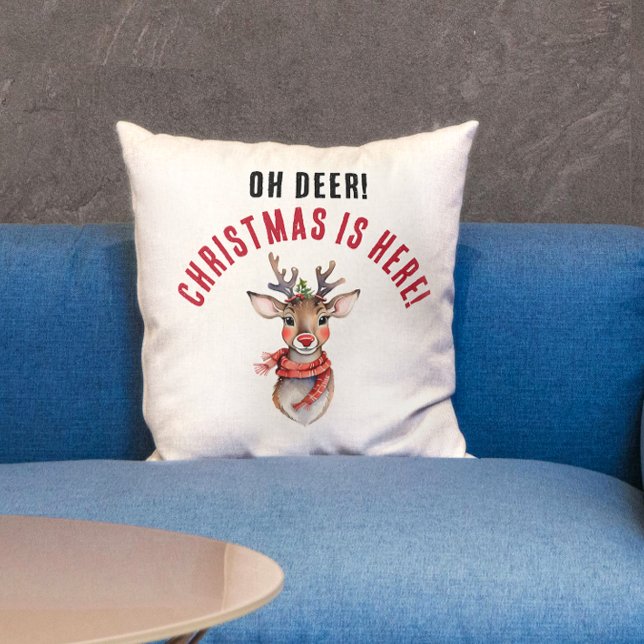 Coussin Fun Rouge Et Blanc Noël Rudolph Reindeer Peinture (Créateur téléchargé)