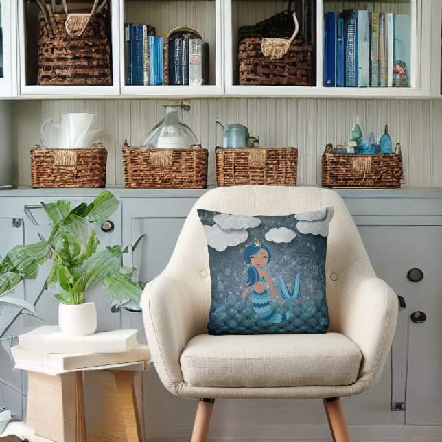 Coussin Fun Whimsal bleu et turquoise sirène et mer (Créateur téléchargé)