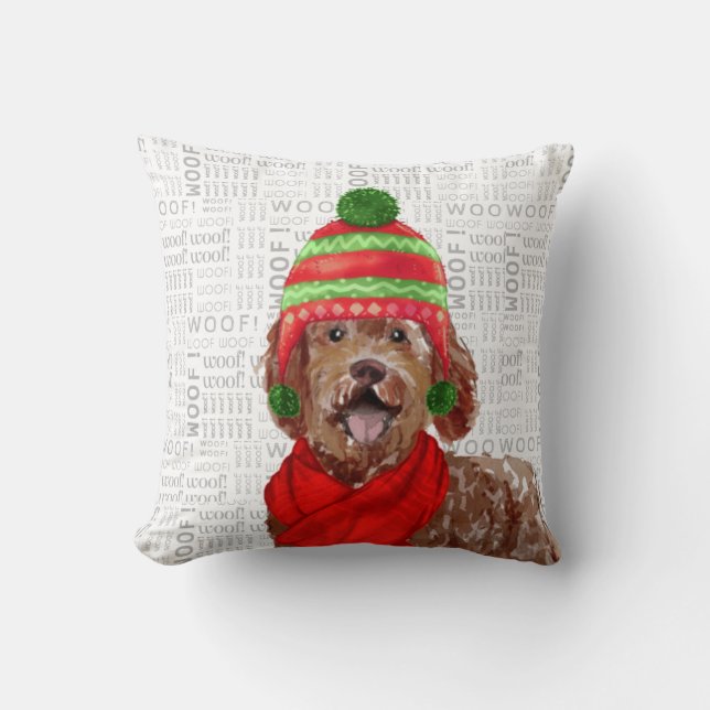 Coussin Funny Labradoodle Chien Aquarelle Noël (Recto)