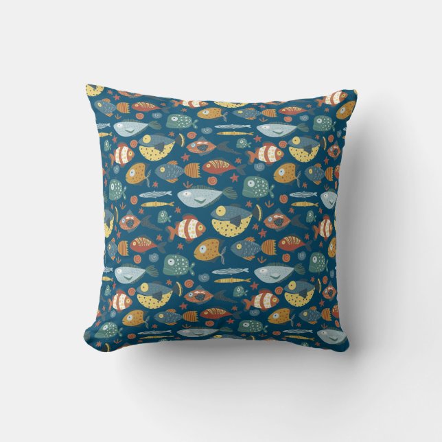 Coussin Funny Whimsical Océan Poisson Motif bleu (Recto)
