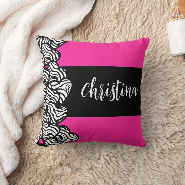 Coussin Fuschia rose noir blanc zèbre motif nom du coeur (Couverture)