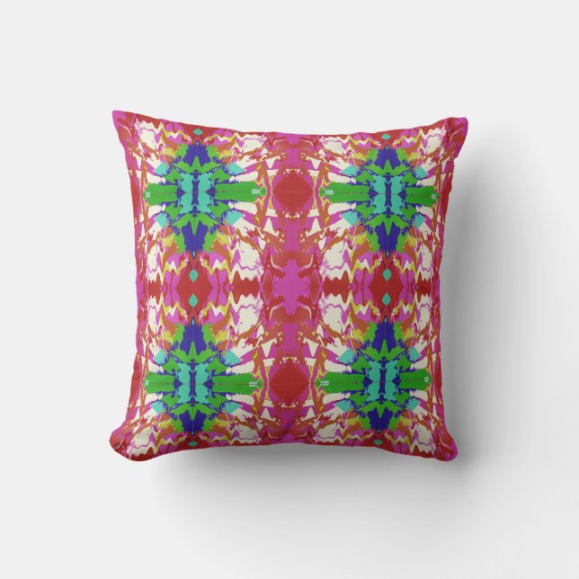 Coussin Fuschia Vert Bleu Or Blanc Floral Gros Carreaux (Recto)