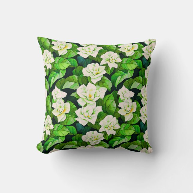 Coussin Gardenias blanches et Feuilles verts de Jade (Recto)