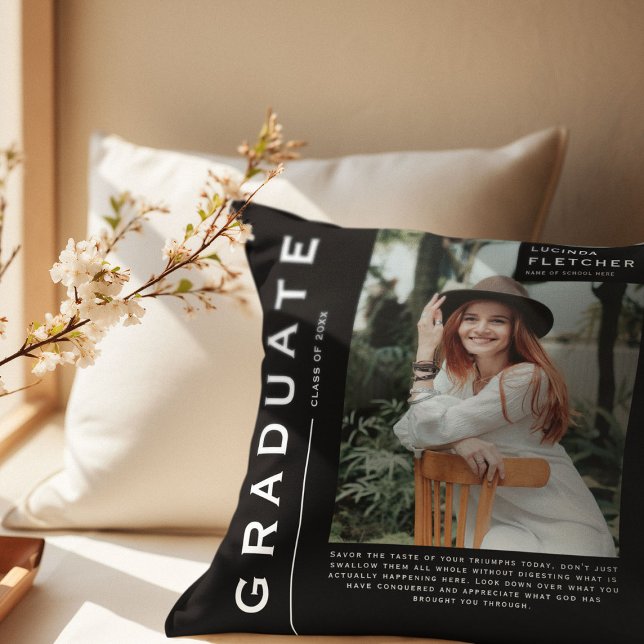 Coussin Garder photo et devis cadeau de graduation noir (Créateur téléchargé)
