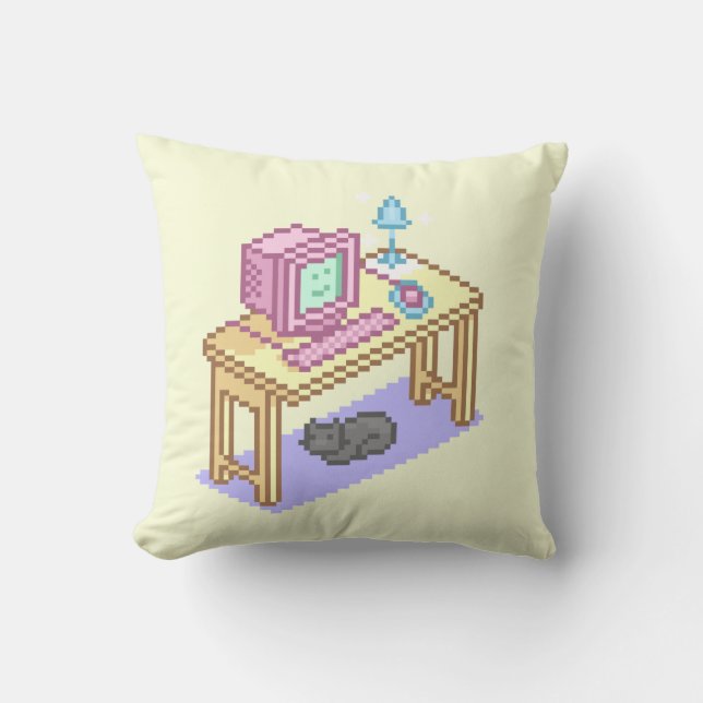 Coussin Geeky Pastel rose Jaune Pixel Art Ordinateur (Recto)