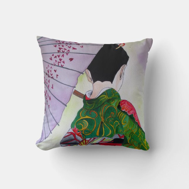 Coussin Geisha japonais avec kimono décoré et parapluie (Recto)
