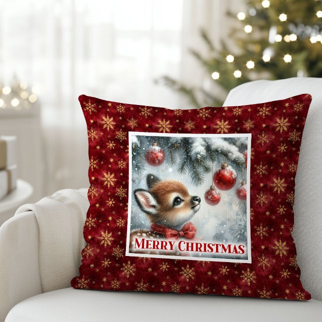 Coussin Gentle snowy forest baby deer festive scene Xmas (Gentle snowy forest baby deer festive scene Christmas pillow)