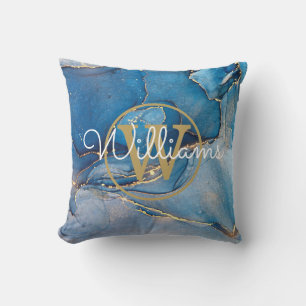 Coussin Géode d'agate bleue Monogramme en or Nom