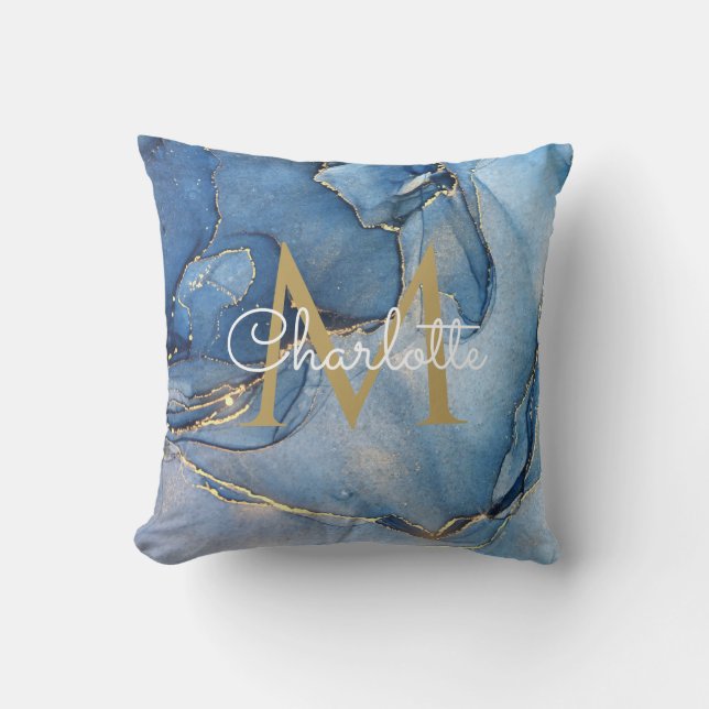 Coussin Géode d'agate bleue monogramme or script moderne (Recto)