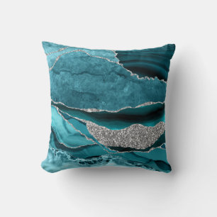 Coussin Géode d'agate de luxe pailleté bleu sarcelle argen