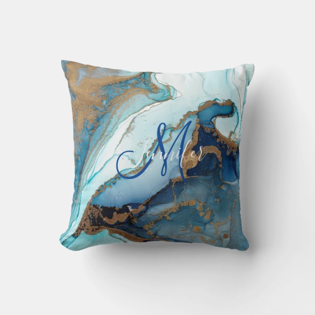 Coussin Géode de marbre d'agate bleu et or Kintsugi Monogr (Recto)
