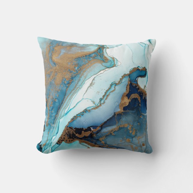 Coussin Géode de marbre d'agate bleue et dorée Kintsugi (Recto)