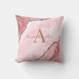 Coussin Géode moderne Blush Pink Or Agate Géode Monogramme