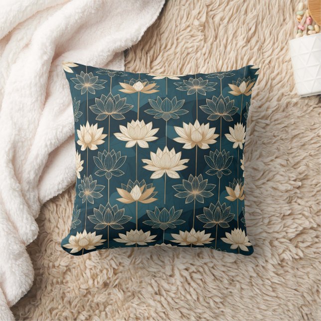 Coussin Geometric Gold Lotus on Teal (Couverture)